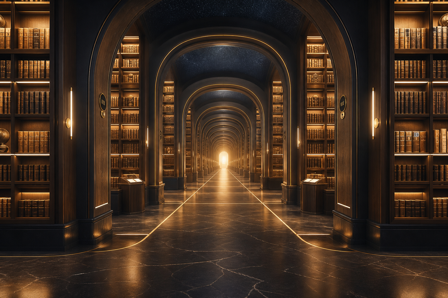 An immersive, endless library hallway representing the Living Codex